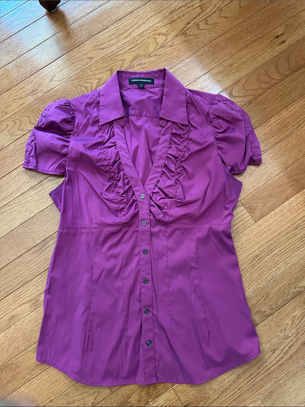 Express Magenta Ruffle-Front Button Down Blouse